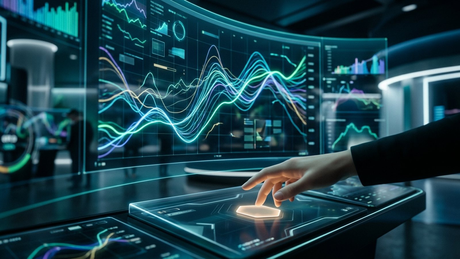 A person looking at a digital stock chart with candlesticks and trading information, showing buy and sell orders.