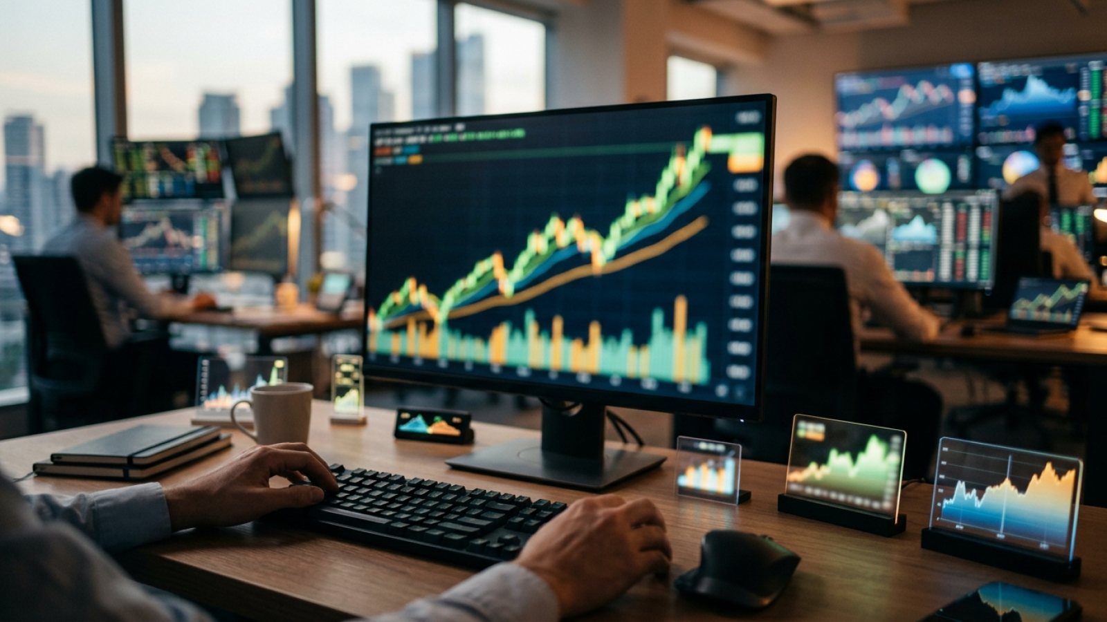 Close-up of a digital stock market index displaying numbers and trends.